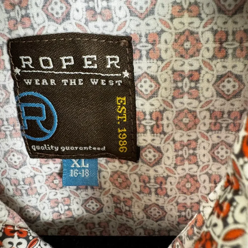 Roper Teen Boys Western Pearl Snap Shirt Orange Printed Size XL or 16/18 Rodeo